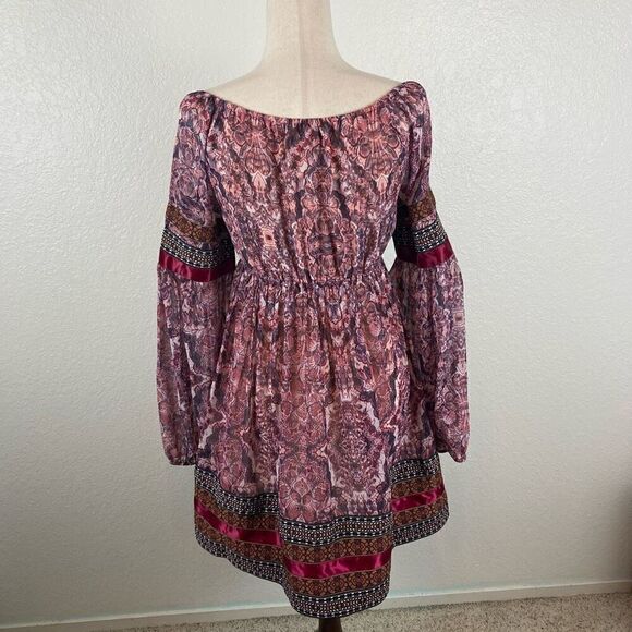 Bebe Fable boho embroidered satin trim balloon  sleeve mini dress women’s S NEW - Picture 8 of 13
